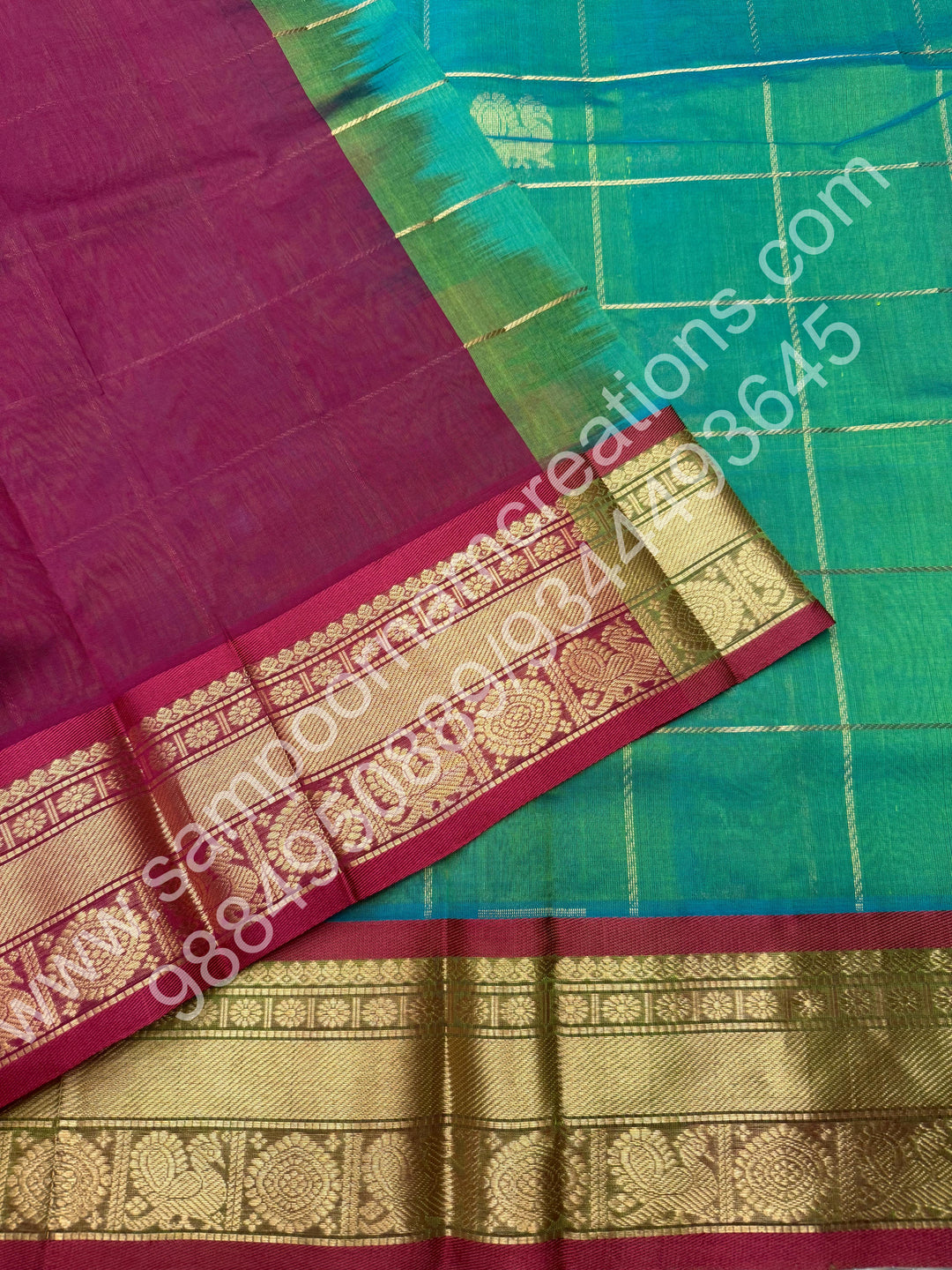 Double Shaded Rexona Green with Maroon  , Rich Mayil and Chakram butta in the body with Zari Checks , Traditional borders and Rich Pallu Pure Silk Cotton Saree