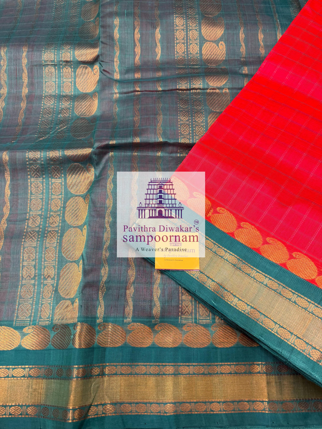 Reddish Pink with Turquoise Blue , body checks, traditional borders and rich pallu ,Ten Yards Korvai Silk Cotton Saree