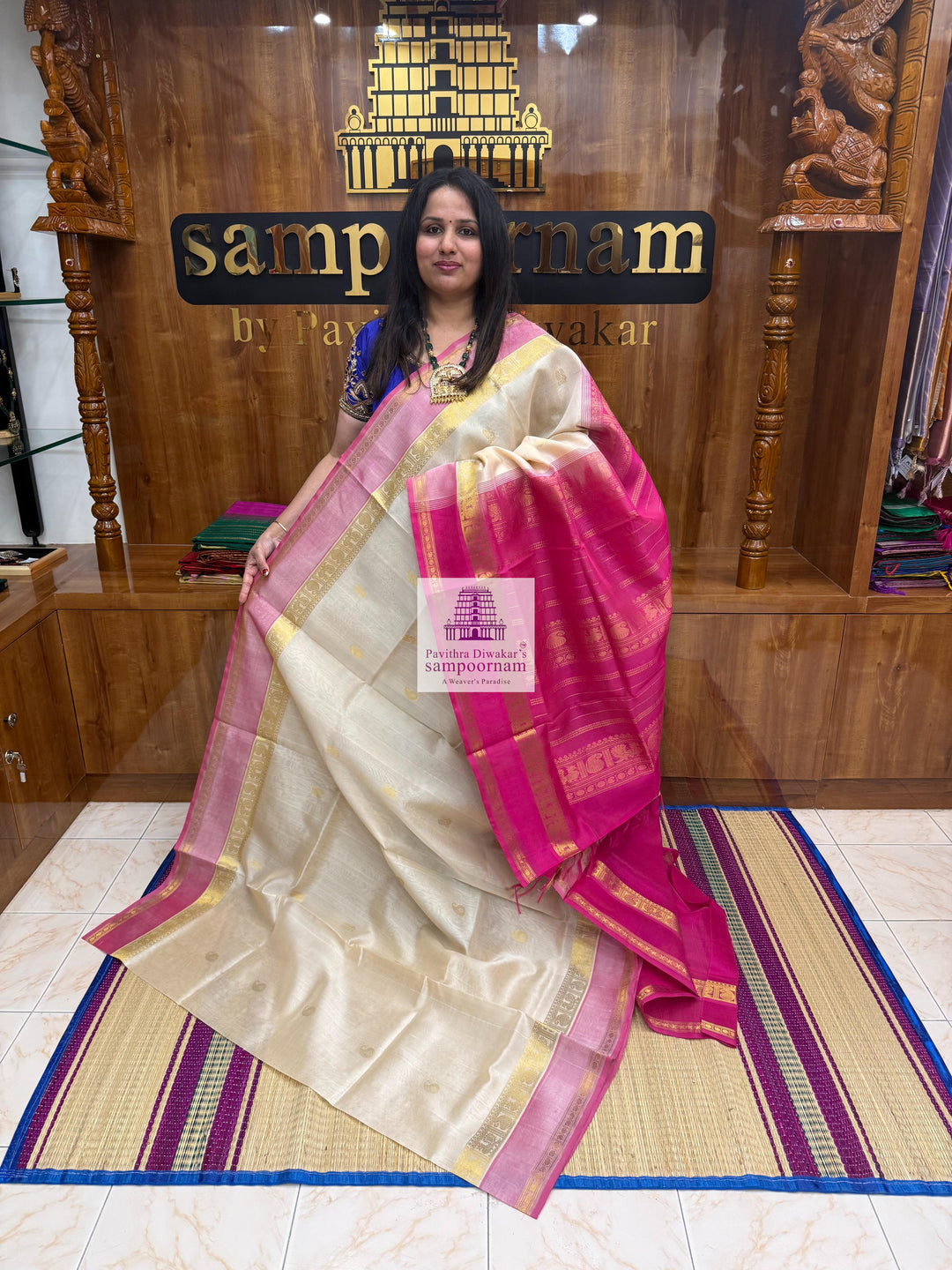 Cream with Pink , Annam and Mango Zari Motif in the Body , Rettapet Border  and Rich Pallu Silk Cotton Saree
