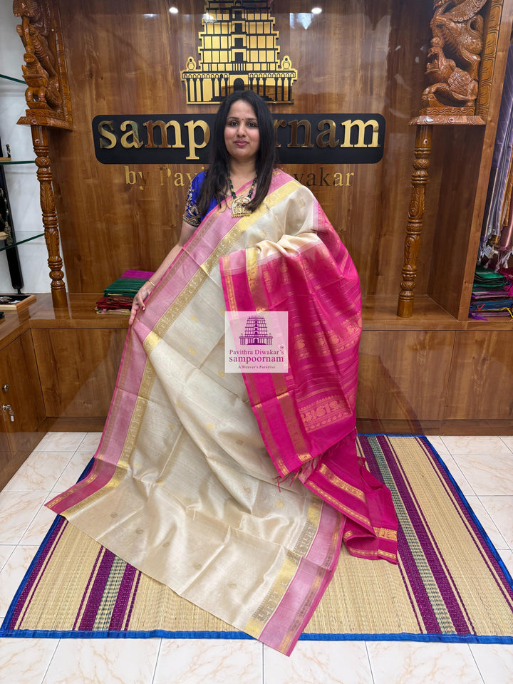 Cream with Pink , Annam and Mango Zari Motif in the Body , Rettapet Border  and Rich Pallu Silk Cotton Saree