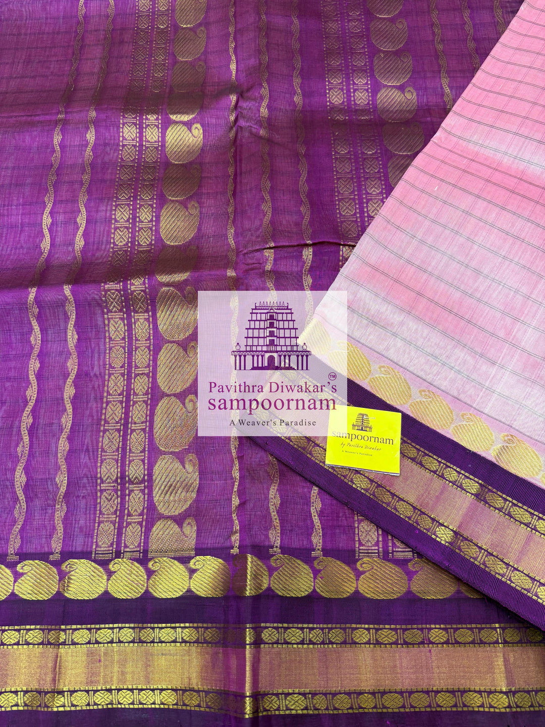 Onion Pink with Purple , body checks, traditional borders and rich pallu ,Ten Yards Korvai Silk Cotton Saree