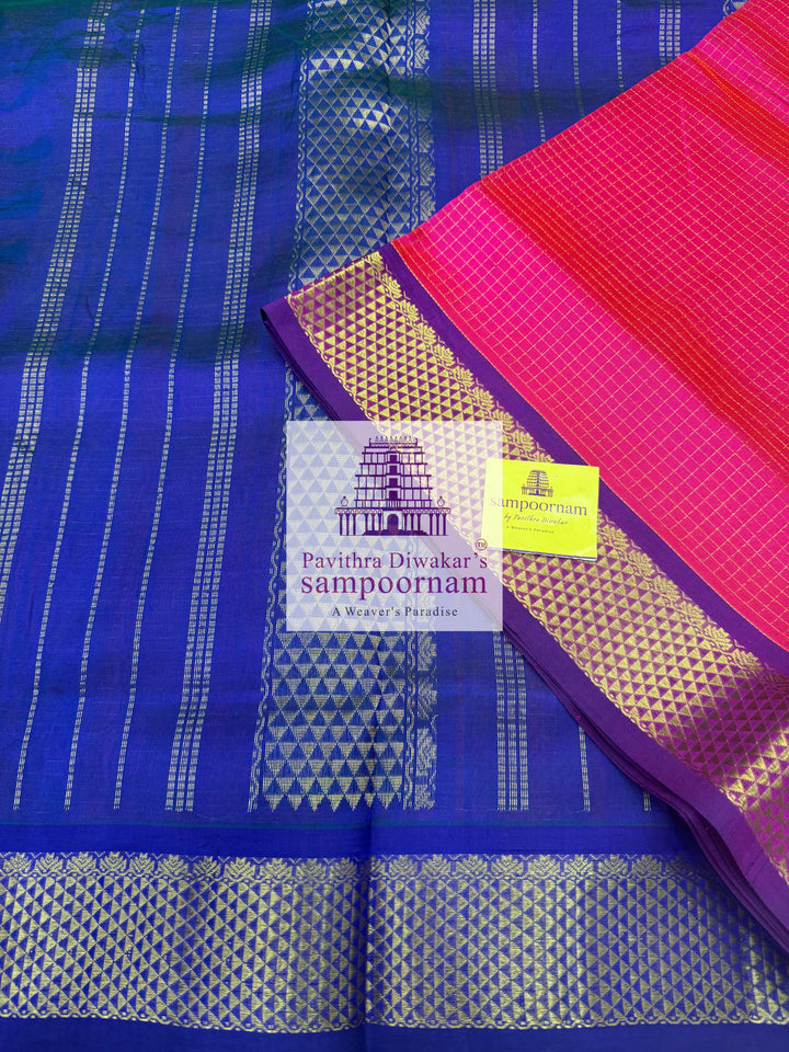 Pink with Blue , Purple Selvedge , Rich Zari Podikattam in the body , traditional borders and grand Pallu , Ten Yards Silk Cotton Saree