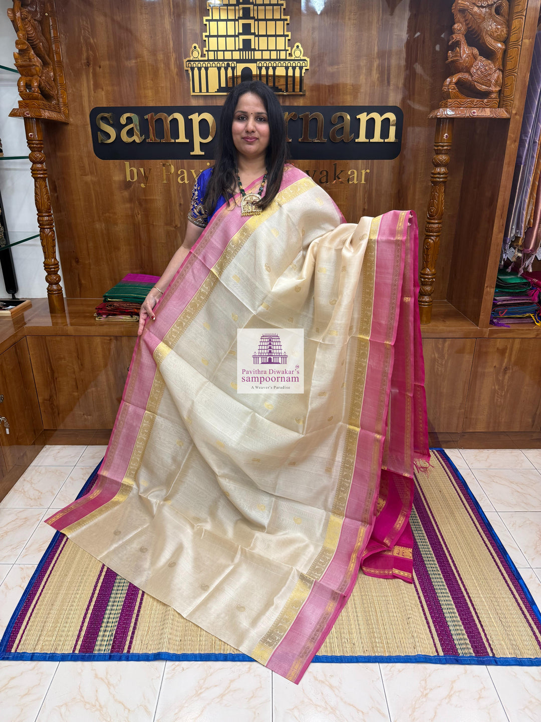 Cream with Pink , Annam and Mango Zari Motif in the Body , Rettapet Border  and Rich Pallu Silk Cotton Saree