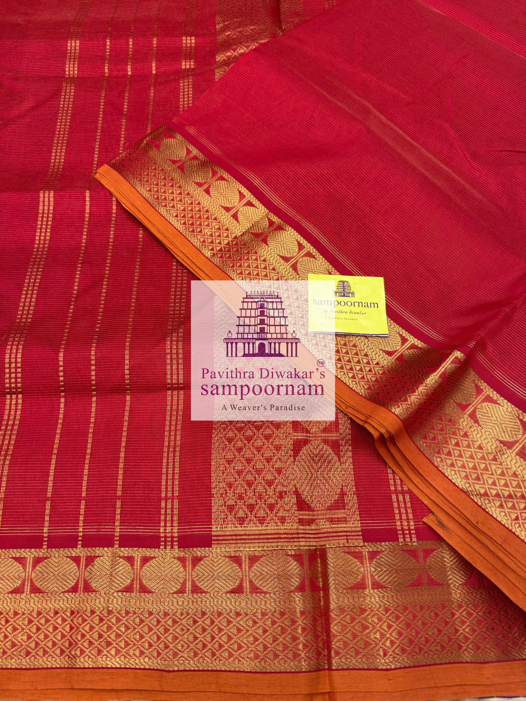 Red , Orange Selvedge , Vairaoosi Zari Lines in the body , traditional borders and rich Pallu ,Ten Yards Silk Cotton Saree