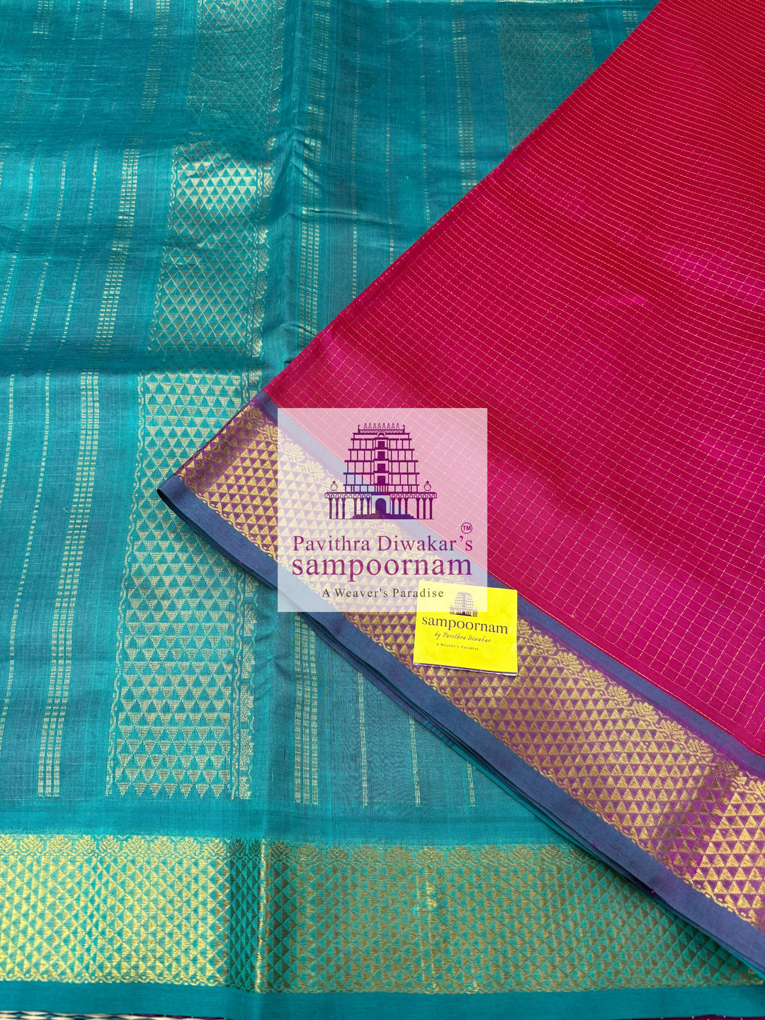Pink with Turquoise Blue , Zari Podi Kattam in the body , traditional borders and grand Pallu , Ten Yards Silk Cotton Saree