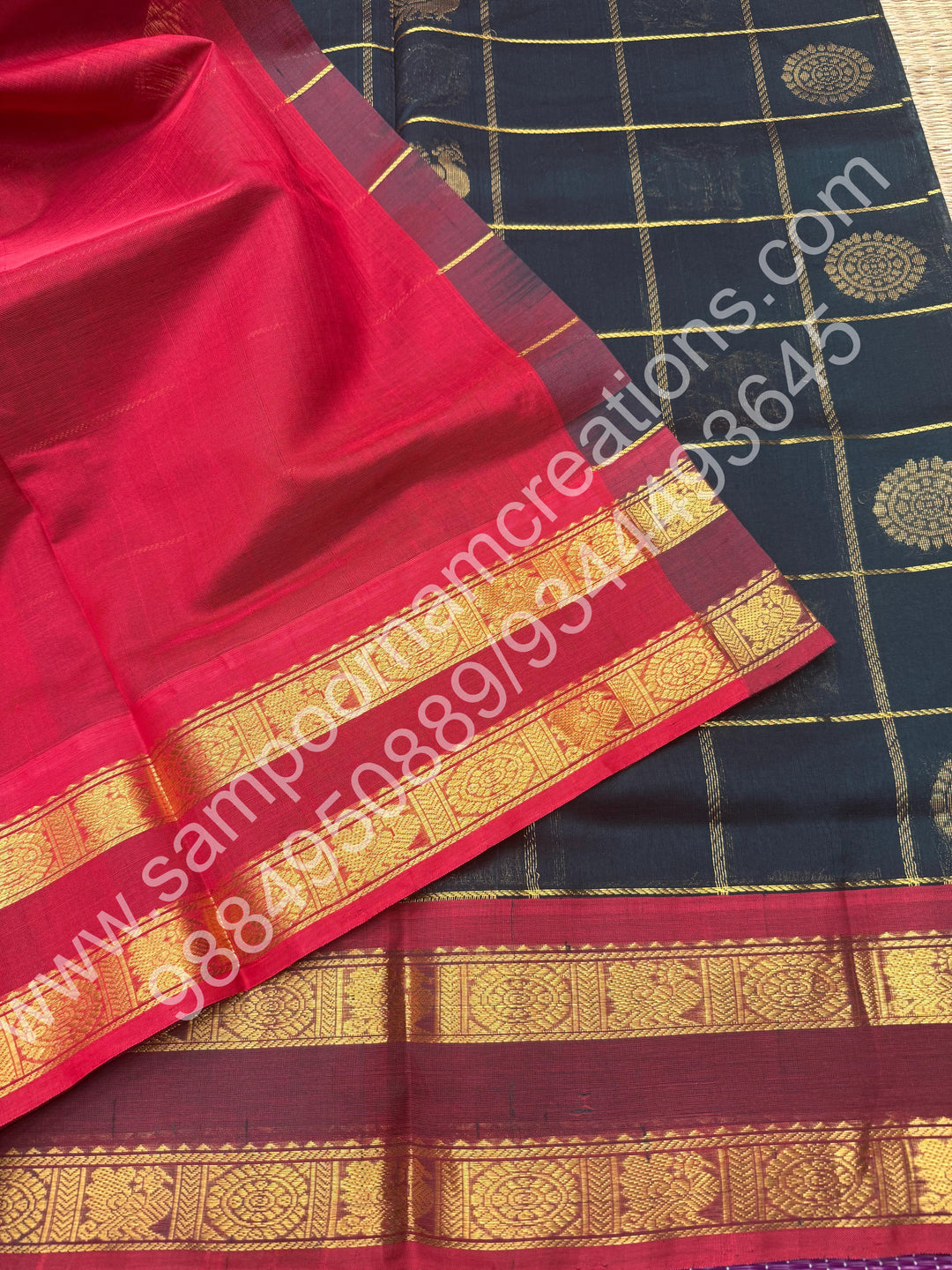 Bottle Green with Red  , Rich Mayil and Chakram butta in the body with Zari Checks , Traditional borders and Rich Pallu Pure Silk Cotton Saree