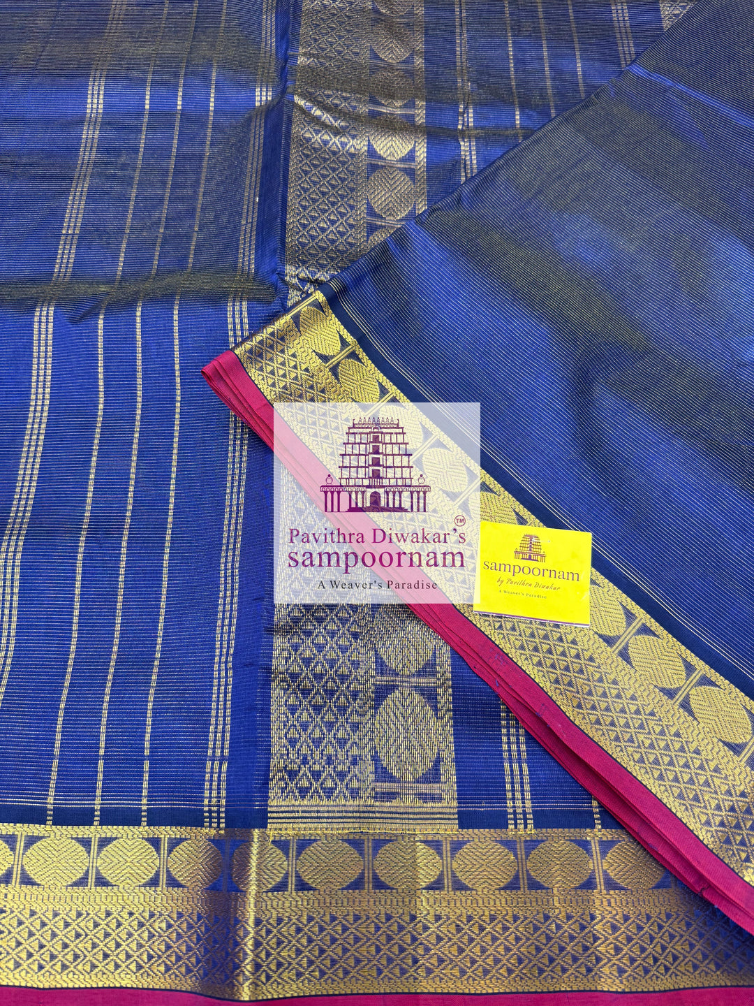 Dark Blue , Red Selvedge , Vairaoosi Zari Lines in the body , traditional borders and rich Pallu ,Ten Yards Silk Cotton Saree