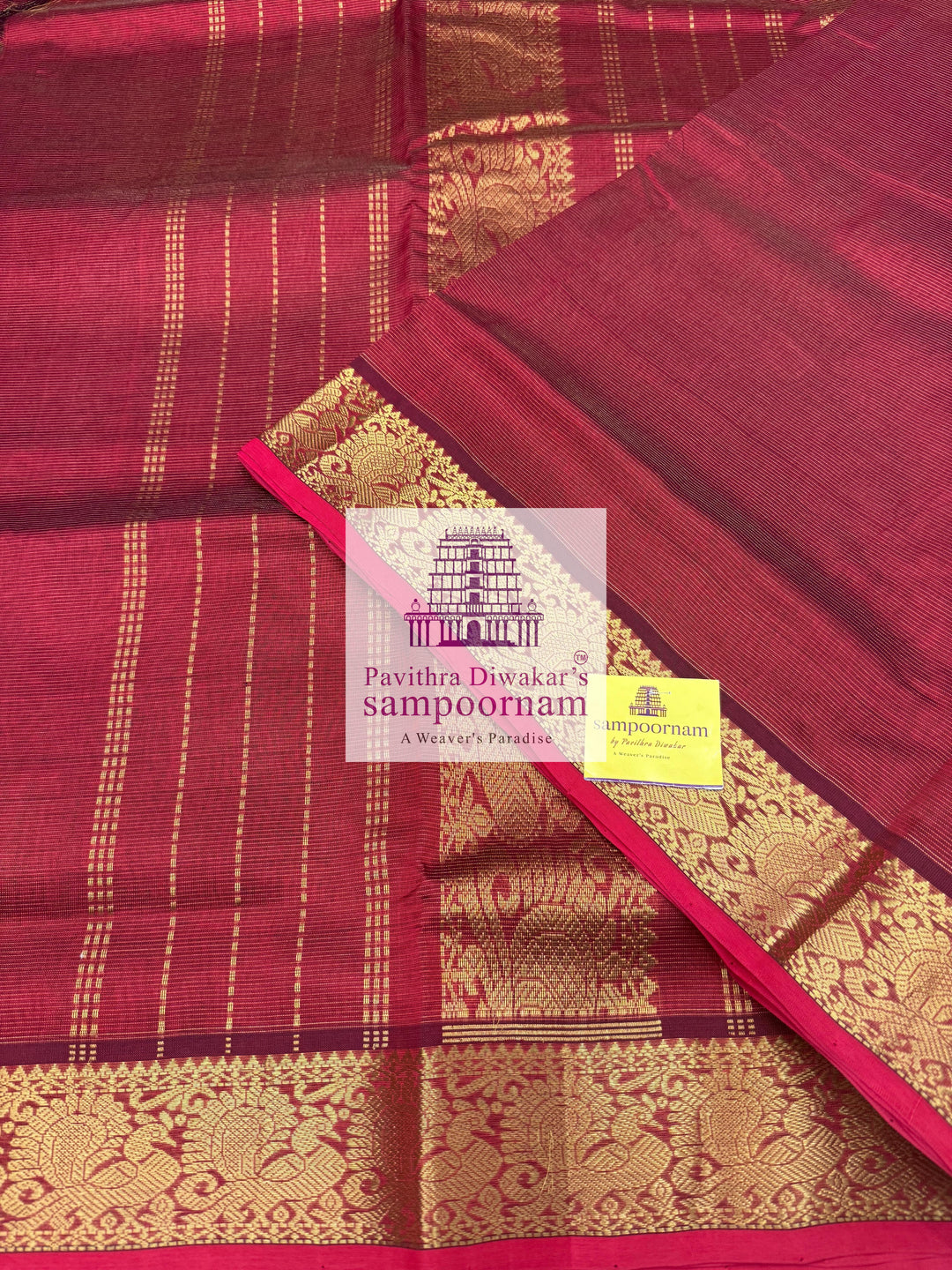 Maroon , Red Selvedge , Vairaoosi Zari Lines in the body , traditional borders and rich Pallu ,Ten Yards Silk Cotton Saree