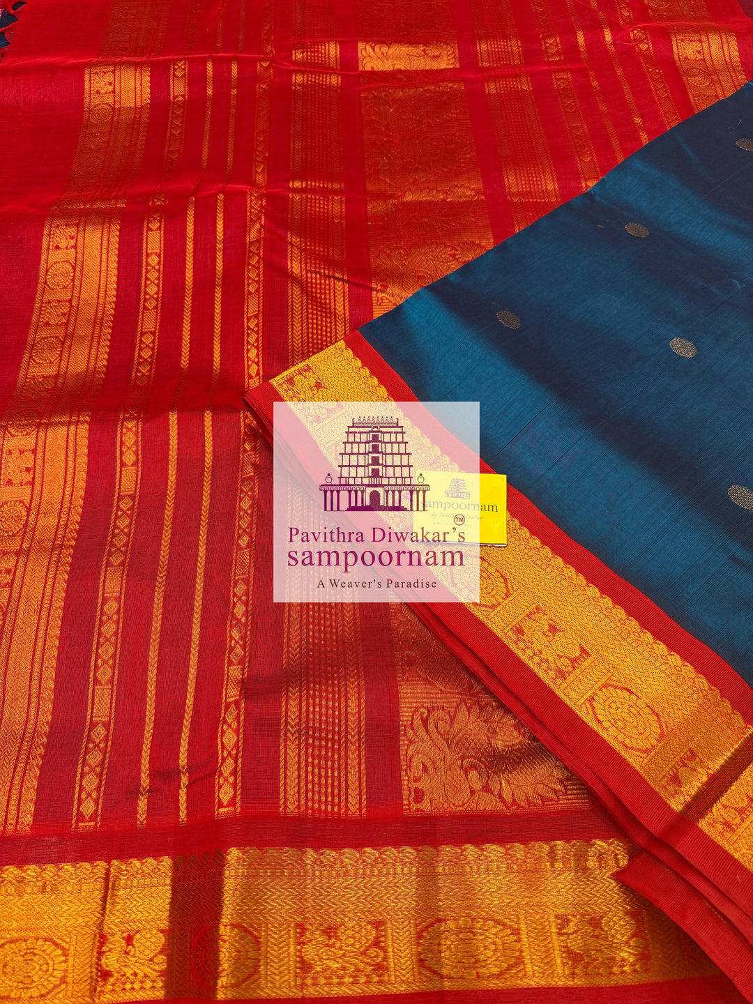 Blue with Red , Zari butta in the body , traditional borders and rich pallu  ,Ten Yards Korvai Silk Cotton Saree