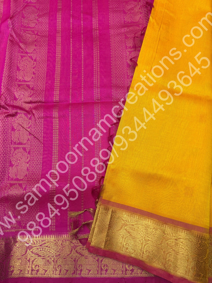 Yellow with Pink , Thread Butta in the body  , Traditional border and Rich Pallu , 10 Yards  Pure Silk Cotton Saree