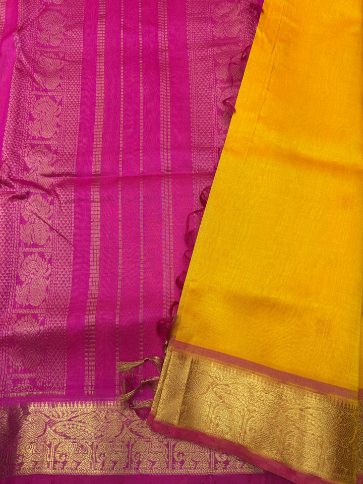 Mambazha Manjal with Pink , Thread Butta in the body  , Traditional border and Rich Pallu , 10 Yards  Pure Silk Cotton Saree