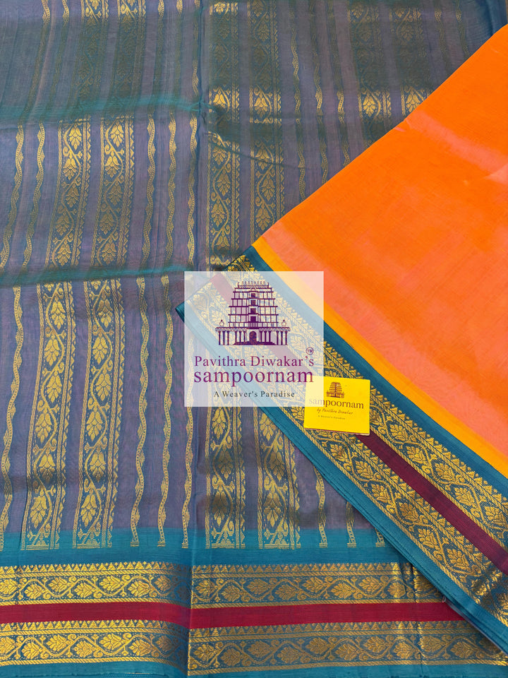 Peachish Pink with Copper Sulphate Blue , rettapet borders and rich pallu ,Ten Yards Korvai Silk Cotton Saree