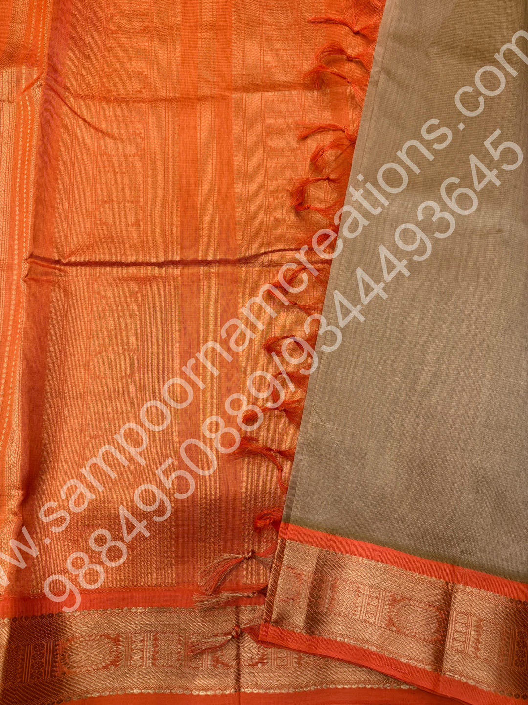 Beige with Orange , Vairaoosi Zari Lines  in the body  , Traditional border and Rich Pallu , 10 Yards  Pure Silk Cotton Saree