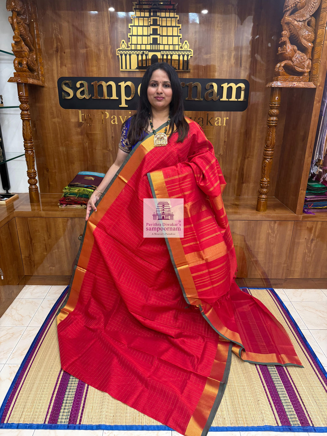Passion Red , Green Selvedge , Vairaoosi Zari lines in the body , traditional borders and rich Pallu Silk Cotton Sarees