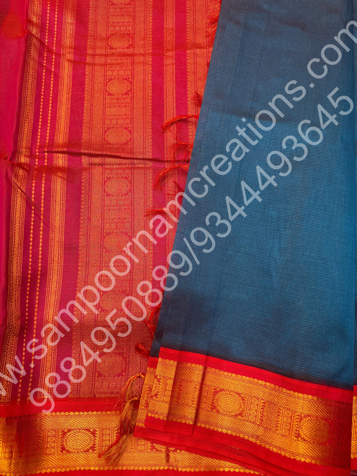 Cobalt Blue with Pink , Vairaoosi Zari Lines  in the body  , Traditional border and Rich Pallu , 10 Yards Korvai Pure Silk Cotton Saree