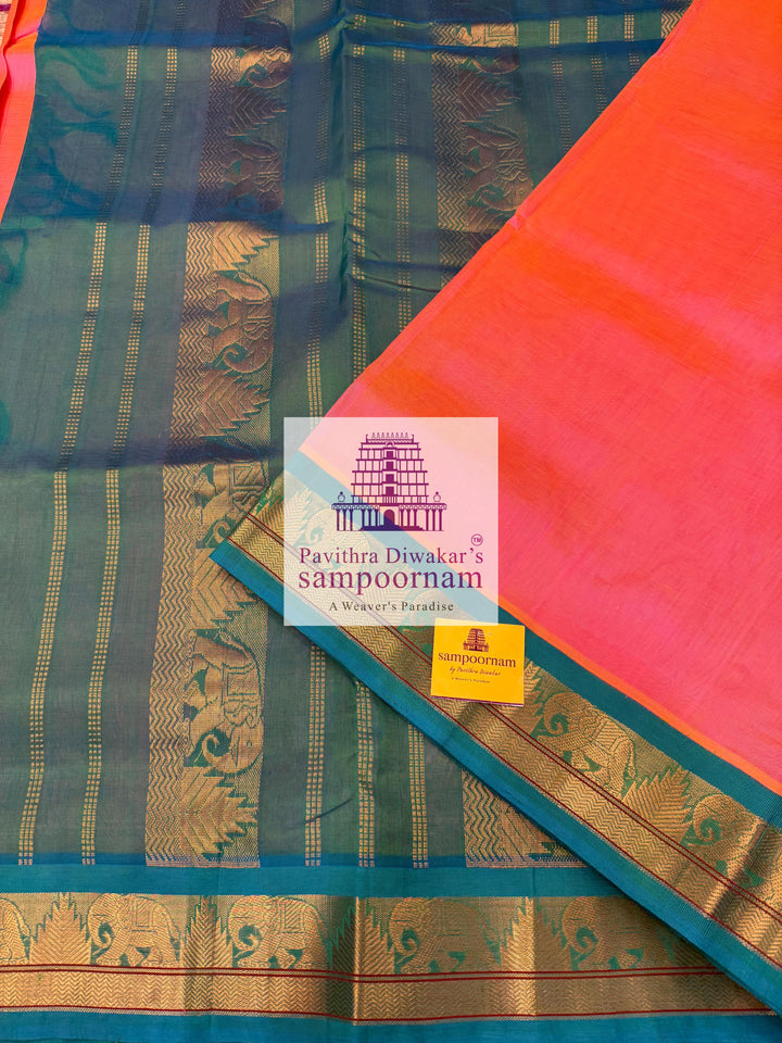 Peachish Pink with Turquoise Blue , traditional borders and rich pallu ,Ten Yards Korvai Silk Cotton Saree
