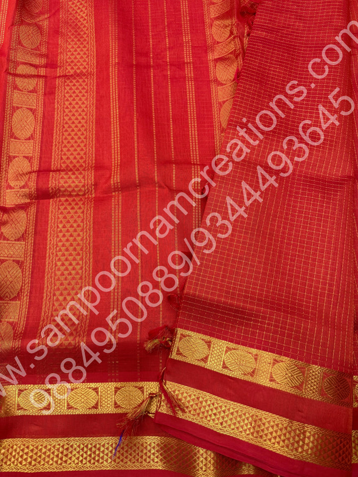 Rust Orange , Zari checks  in the body  , Rettapet  border and Rich Pallu , 10 Yards  Pure Silk Cotton Saree