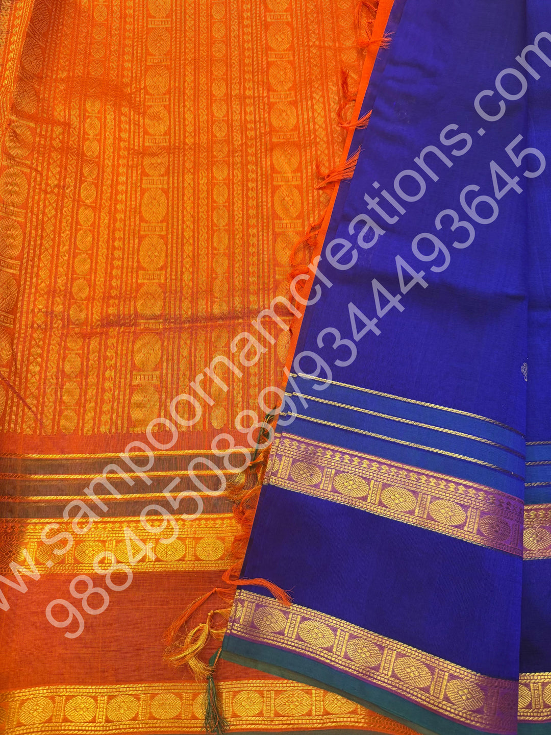 MS Blue with Orange , Annam & Rudhraksh  Butta in the body  , Rettapet  border and Rich Pallu , 10 Yards  Pure Silk Cotton Saree