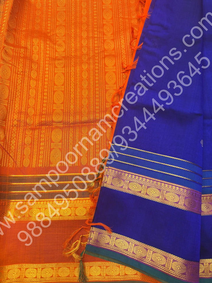 MS Blue with Orange , Annam & Rudhraksh  Butta in the body  , Rettapet  border and Rich Pallu , 10 Yards  Pure Silk Cotton Saree