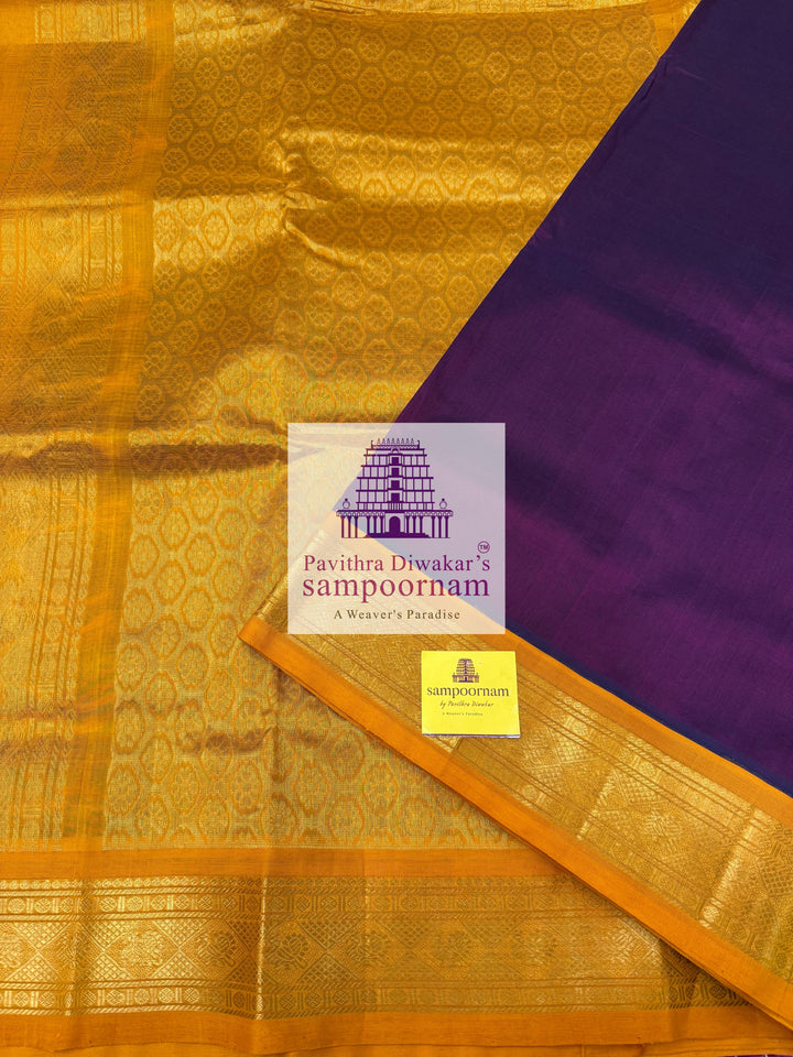 Dark Wine with Mustard Yellow ,  traditional borders and grand Pallu , Ten Yards Silk Cotton Saree
