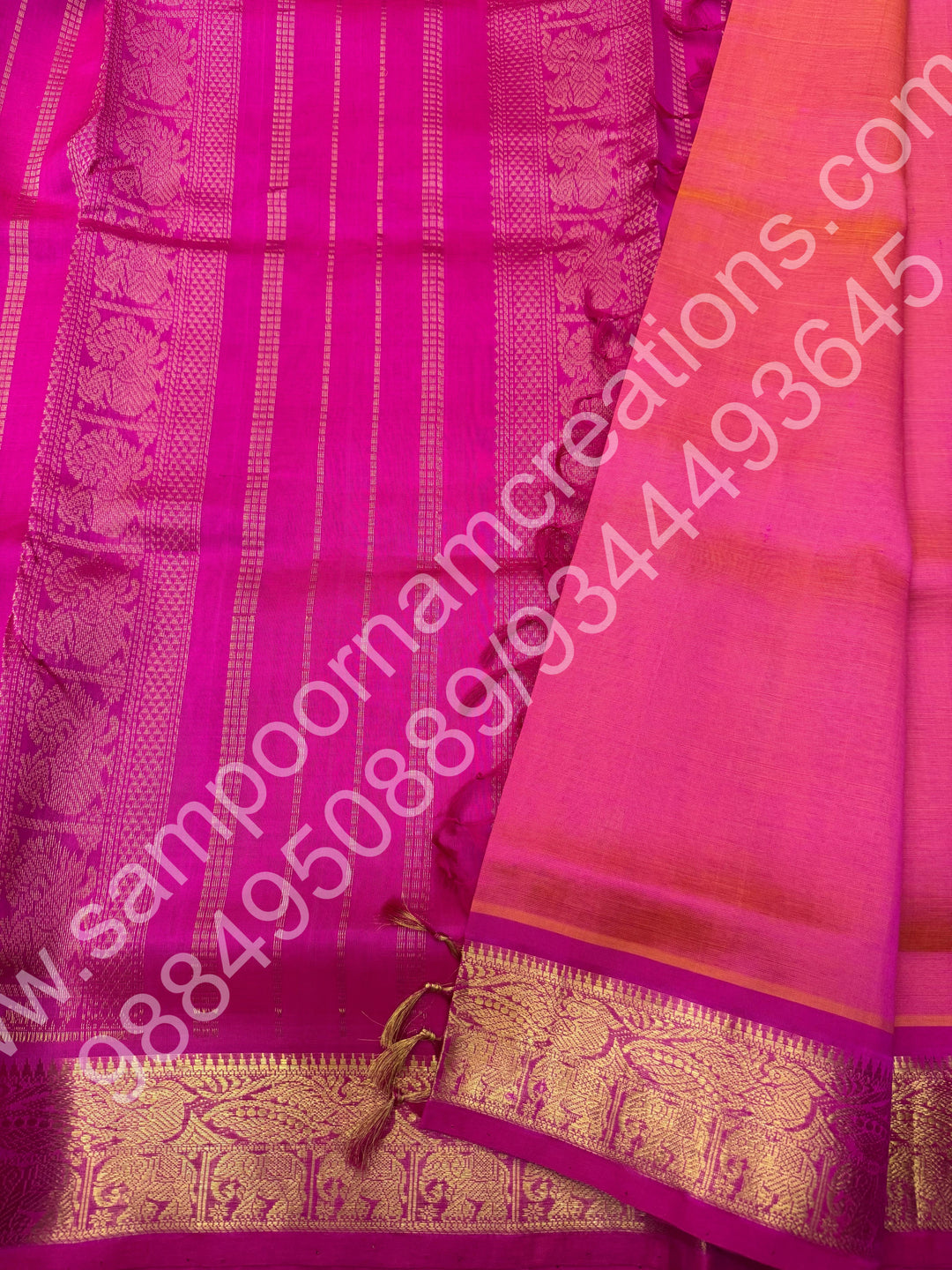 Lotus Pink with Dark Pink , Zari  Butta in the body  , Traditional border and Rich Pallu , 10 Yards  Pure Silk Cotton Saree