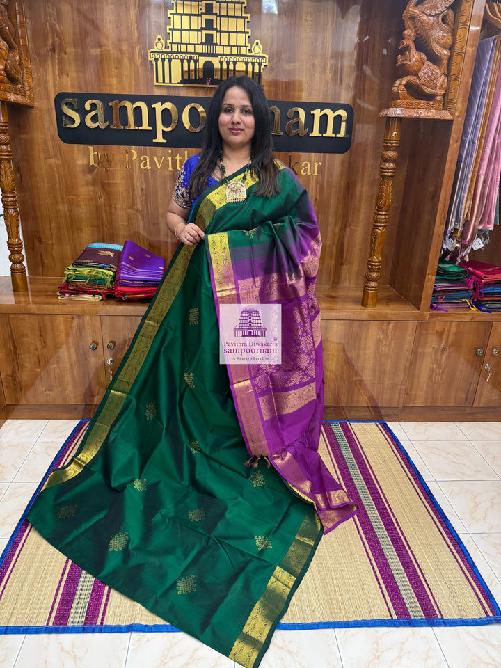 Dark Green with Magenta , Kollam Zari Motif in the Body , Rettapet Border  and Rich Pallu Silk Cotton Saree