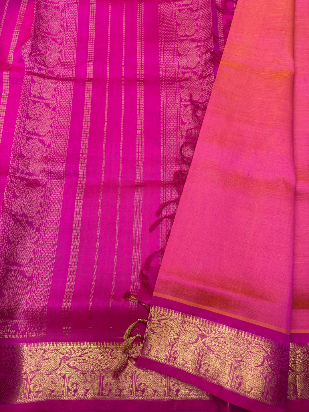 Lotus Pink with Dark Pink , Zari  Butta in the body  , Traditional border and Rich Pallu , 10 Yards  Pure Silk Cotton Saree