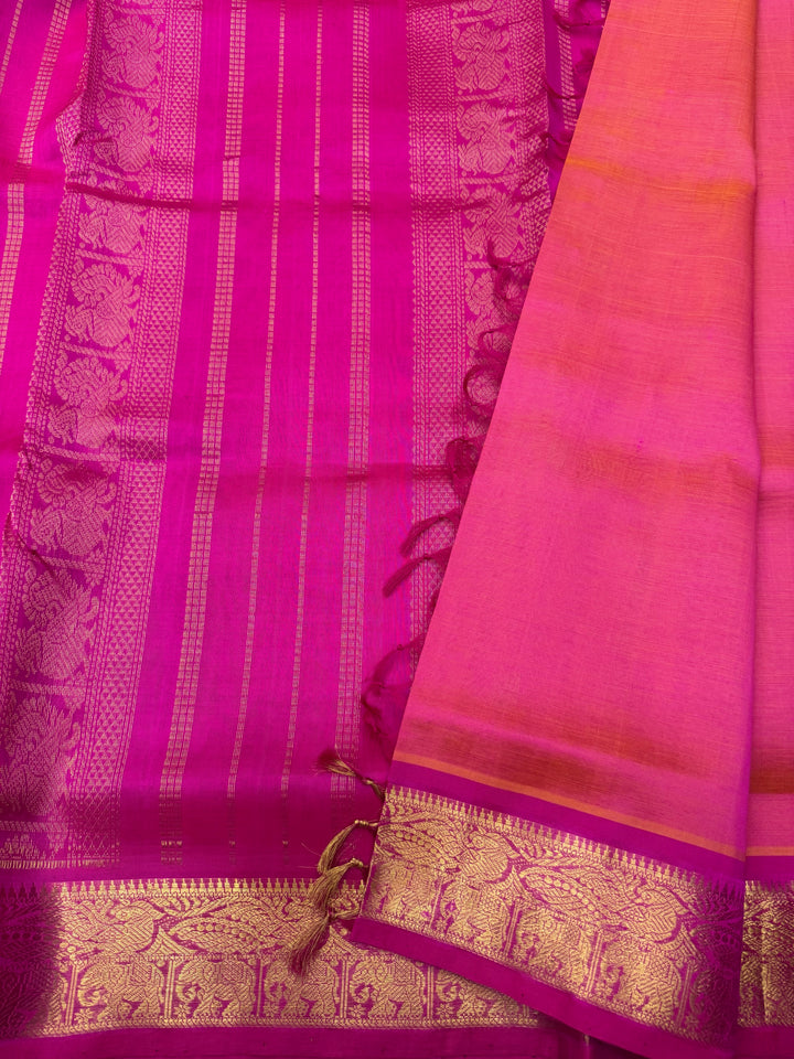 Lotus Pink with Dark Pink , Zari  Butta in the body  , Traditional border and Rich Pallu , 10 Yards  Pure Silk Cotton Saree