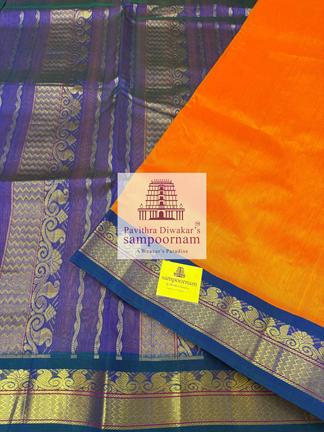 Mambazha Manjal with Mayilkazhuthu Blue , traditional borders and rich pallu ,Ten Yards Korvai Silk Cotton Saree