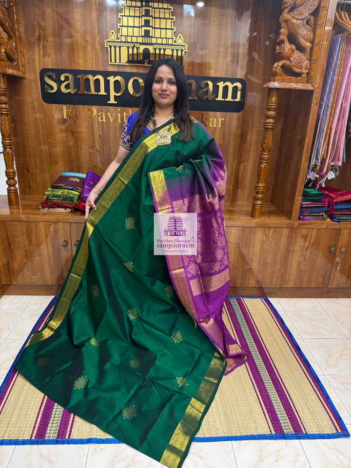 Dark Green with Magenta , Kollam Zari Motif in the Body , Rettapet Border  and Rich Pallu Silk Cotton Saree