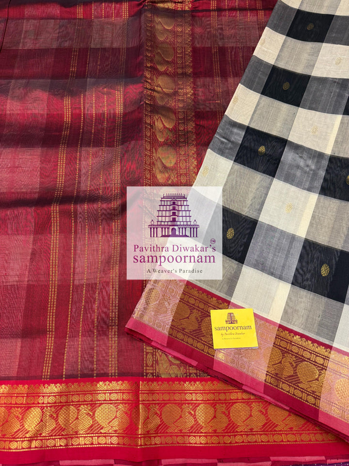 Black and White checks with Red , Zari butta in the body traditional borders and rich Pallu , Ten Yards Silk Cotton Saree