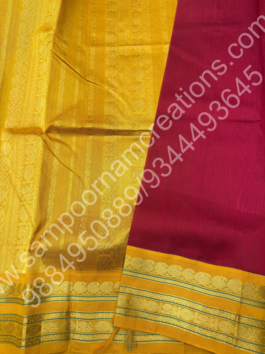 Dark Red with Mustard  , Traditional border and Rich Pallu , 10 Yards  Pure Korvai Silk Cotton Saree