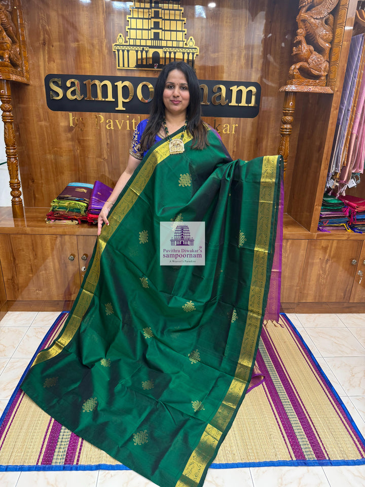 Dark Green with Magenta , Kollam Zari Motif in the Body , Rettapet Border  and Rich Pallu Silk Cotton Saree