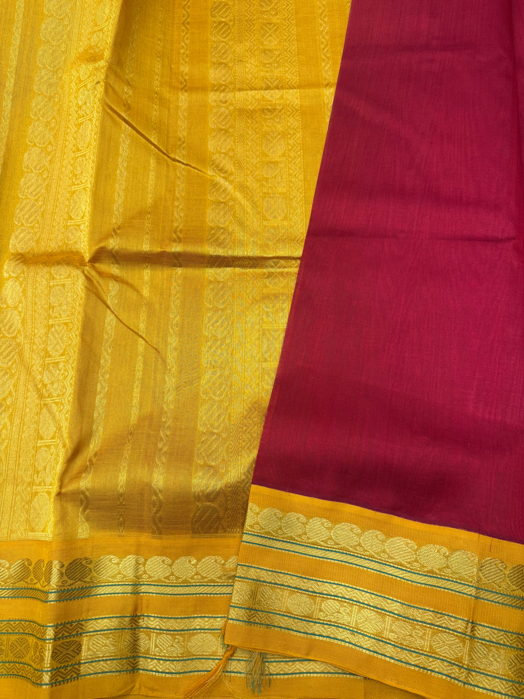 Red with Mustard  , Traditional border and Rich Pallu , 10 Yards  Pure Silk Cotton Saree