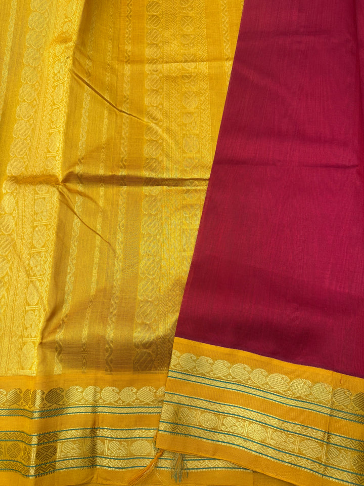Red with Mustard  , Traditional border and Rich Pallu , 10 Yards  Pure Silk Cotton Saree