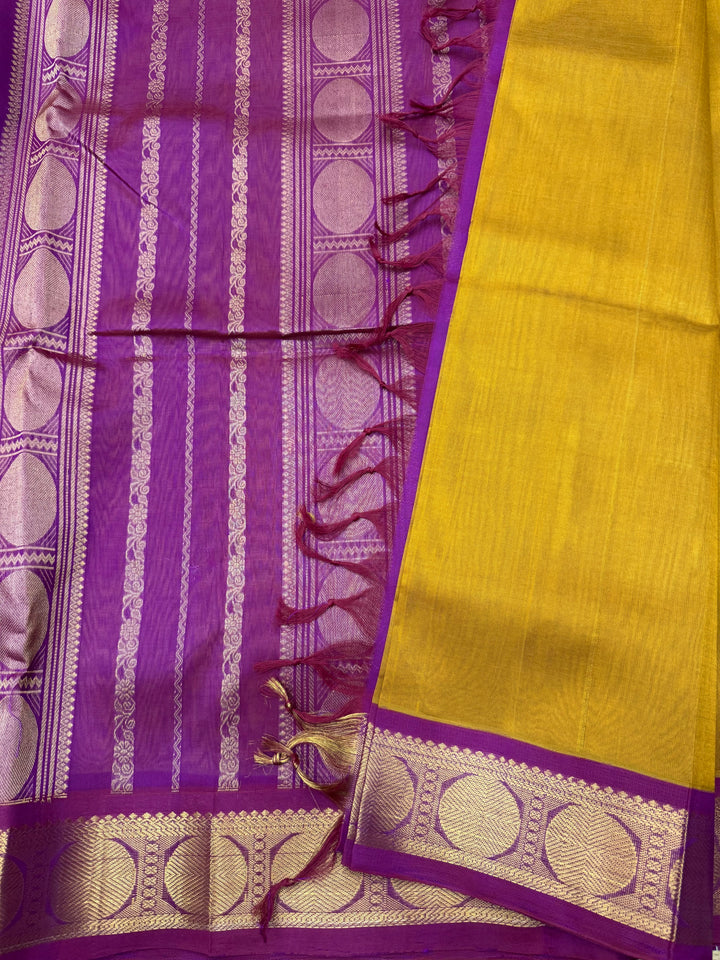 Fenugreek with Dark Magenta , Traditional border and Rich Pallu , 10 Yards  Pure Silk Cotton Saree