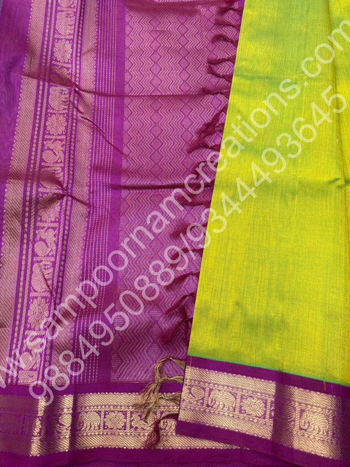 Parrot Green with Magenta   , Traditional border and Rich Pallu , 10 Yards  Pure Korvai Silk Cotton Saree