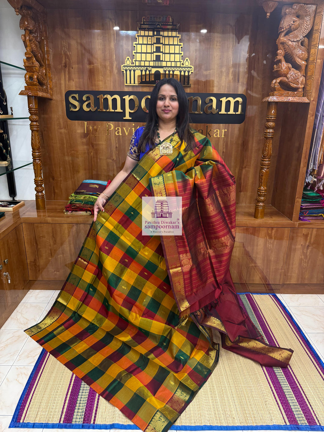 Red , Green and Manjal with Maroon , Paalum Pazham Checks with rich butta , traditional borders and rich Pallu Silk Cotton Saree