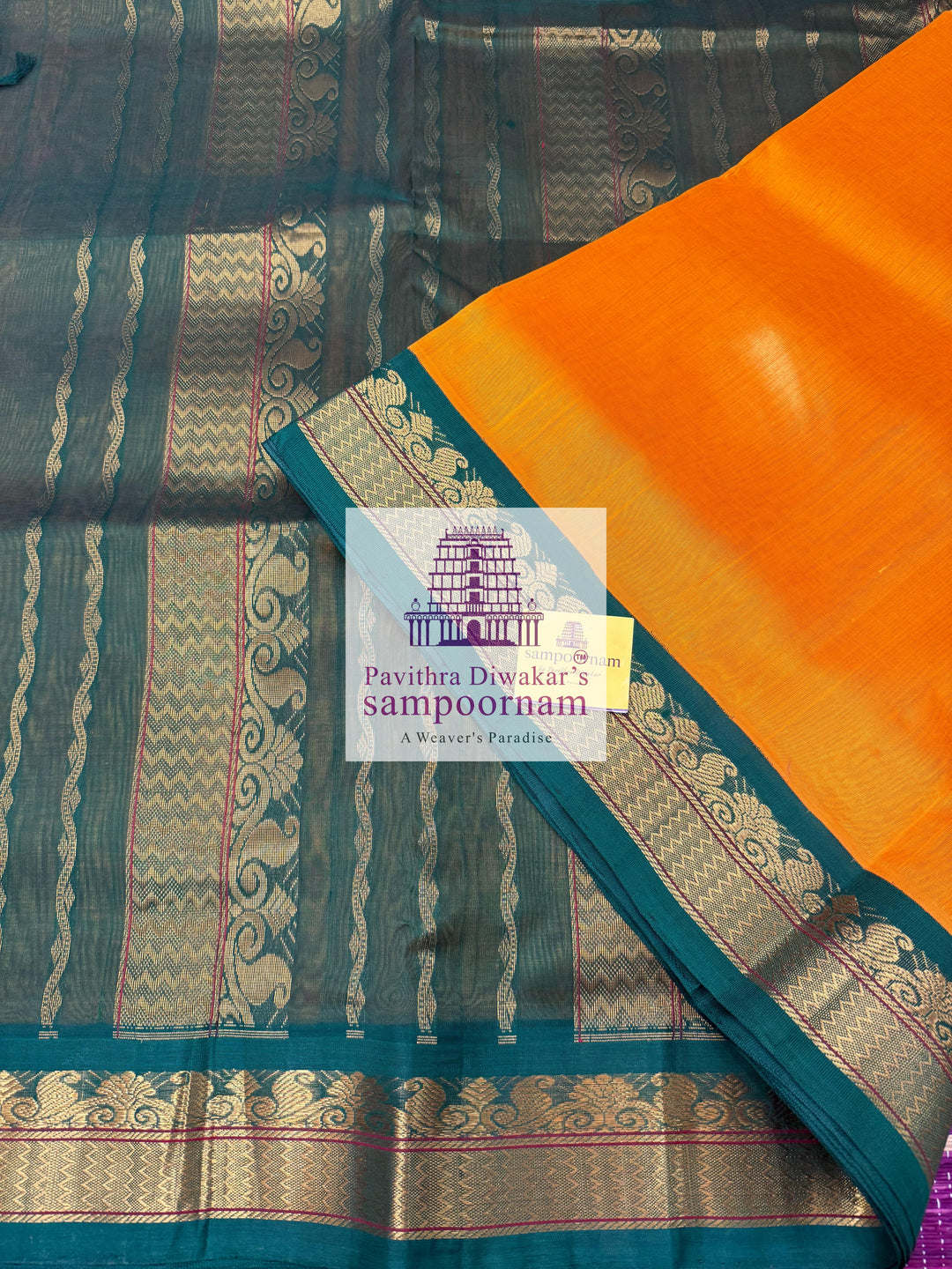 Mambazha Manjal with Green ,traditional borders and rich pallu ,Ten Yards Korvai Silk Cotton Saree