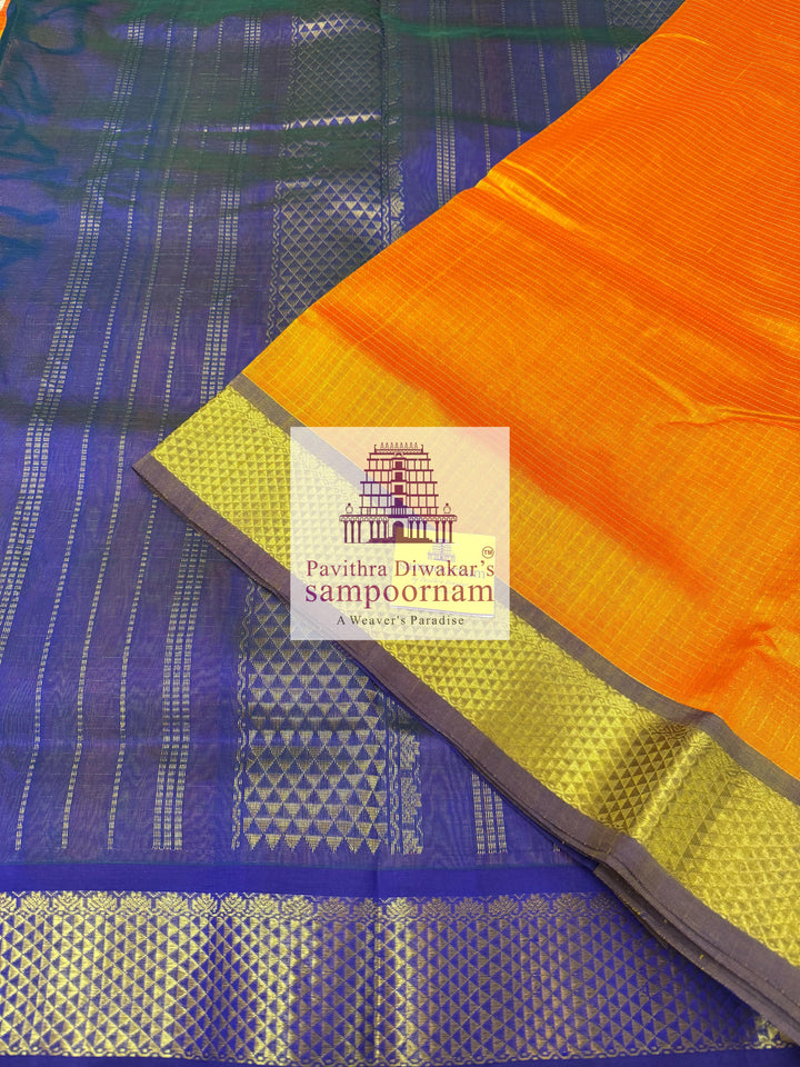 Mambazha Manjal with Blue  , Rich Zari Podi Kattam in the body , traditional borders and grand Pallu , Ten Yards Silk Cotton Saree