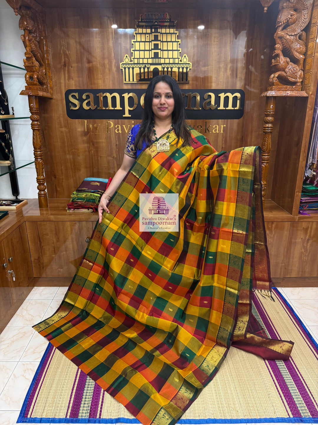 Red , Green and Manjal with Maroon , Paalum Pazham Checks with rich butta , traditional borders and rich Pallu Silk Cotton Saree