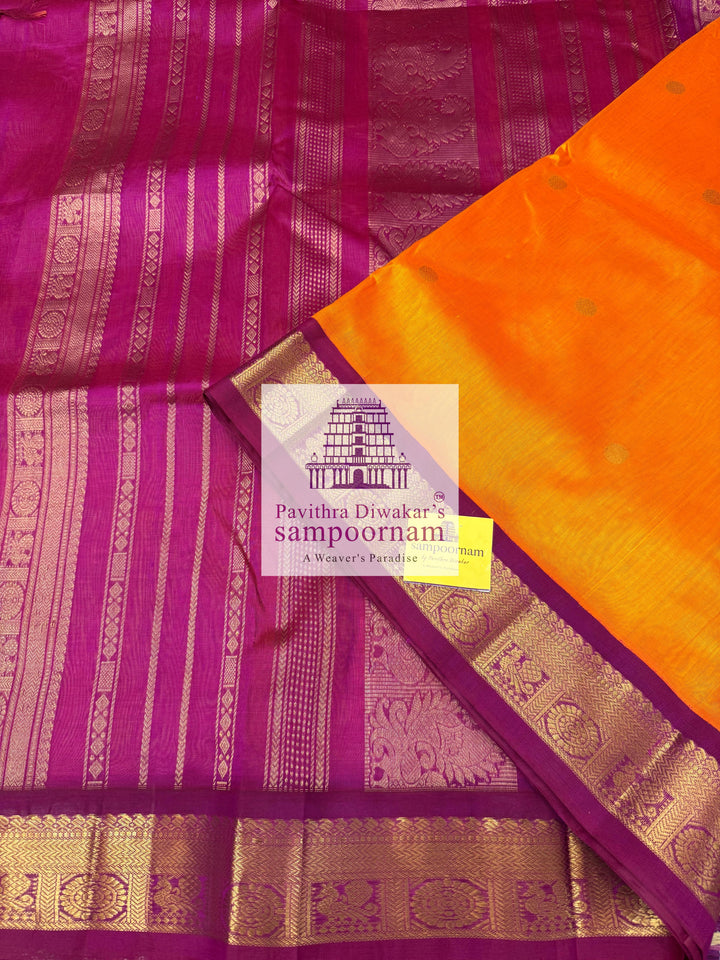 Mambazha Manjal with Magenta , body butta , traditional borders and rich pallu  ,Ten Yards Korvai Silk Cotton Saree