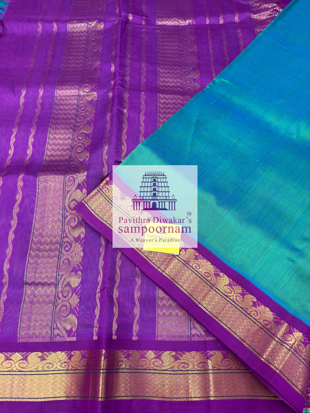 Ramar Blue with Purple  ,traditional borders and rich pallu ,Ten Yards Korvai Silk Cotton Saree