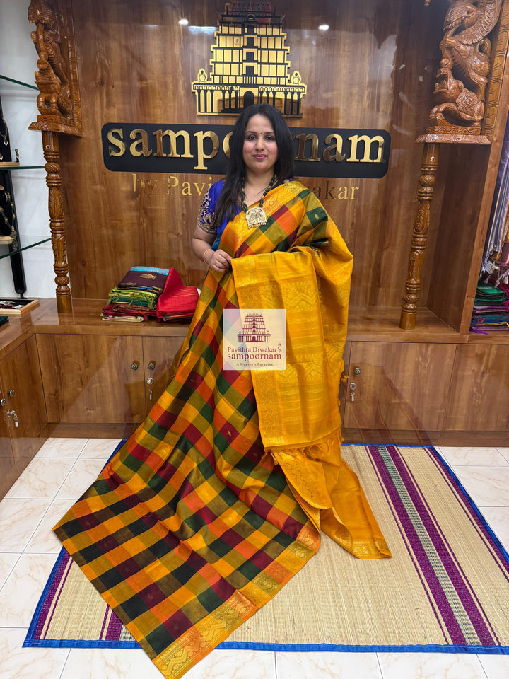 Red , Manjal and Green with Mustard , Paalum Pazham Checks with rich butta , traditional borders and rich Pallu Silk Cotton Saree