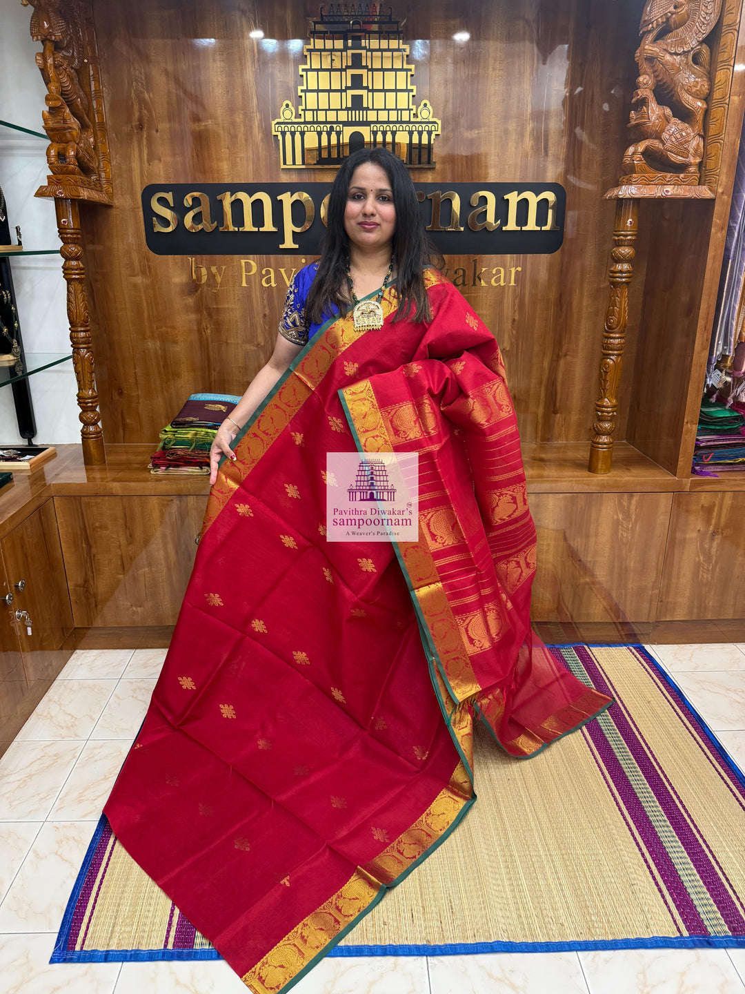 Red , Green Selvedge , Kollam Zari Motif in the Body , Rettapet Border  and Rich Pallu Silk Cotton Saree