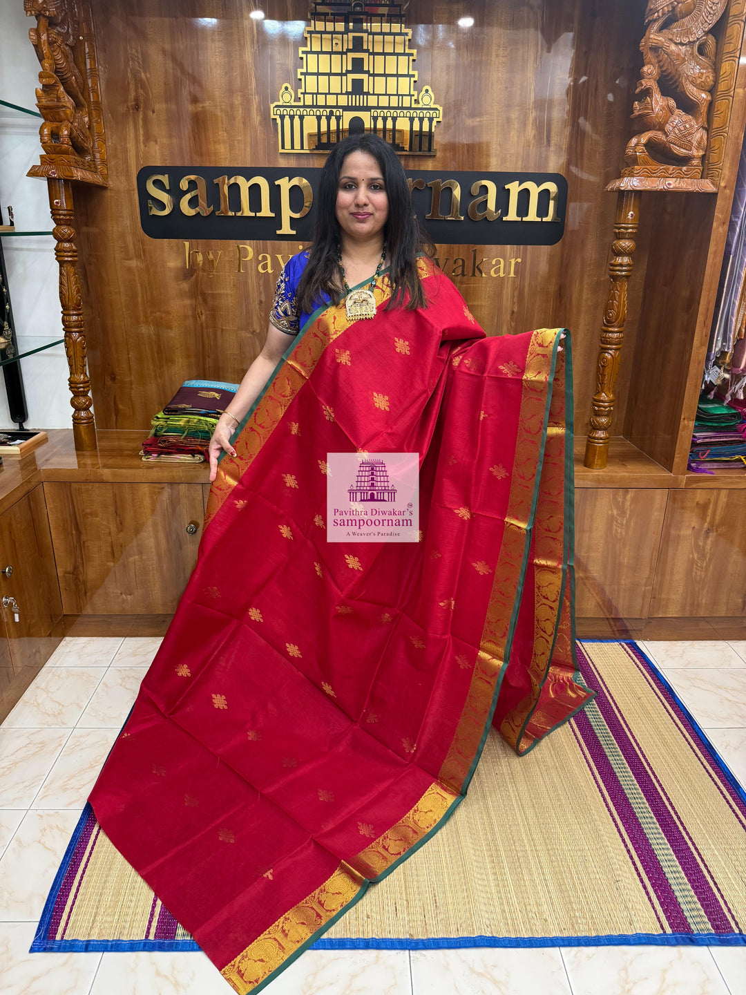 Red , Green Selvedge , Kollam Zari Motif in the Body , Rettapet Border  and Rich Pallu Silk Cotton Saree
