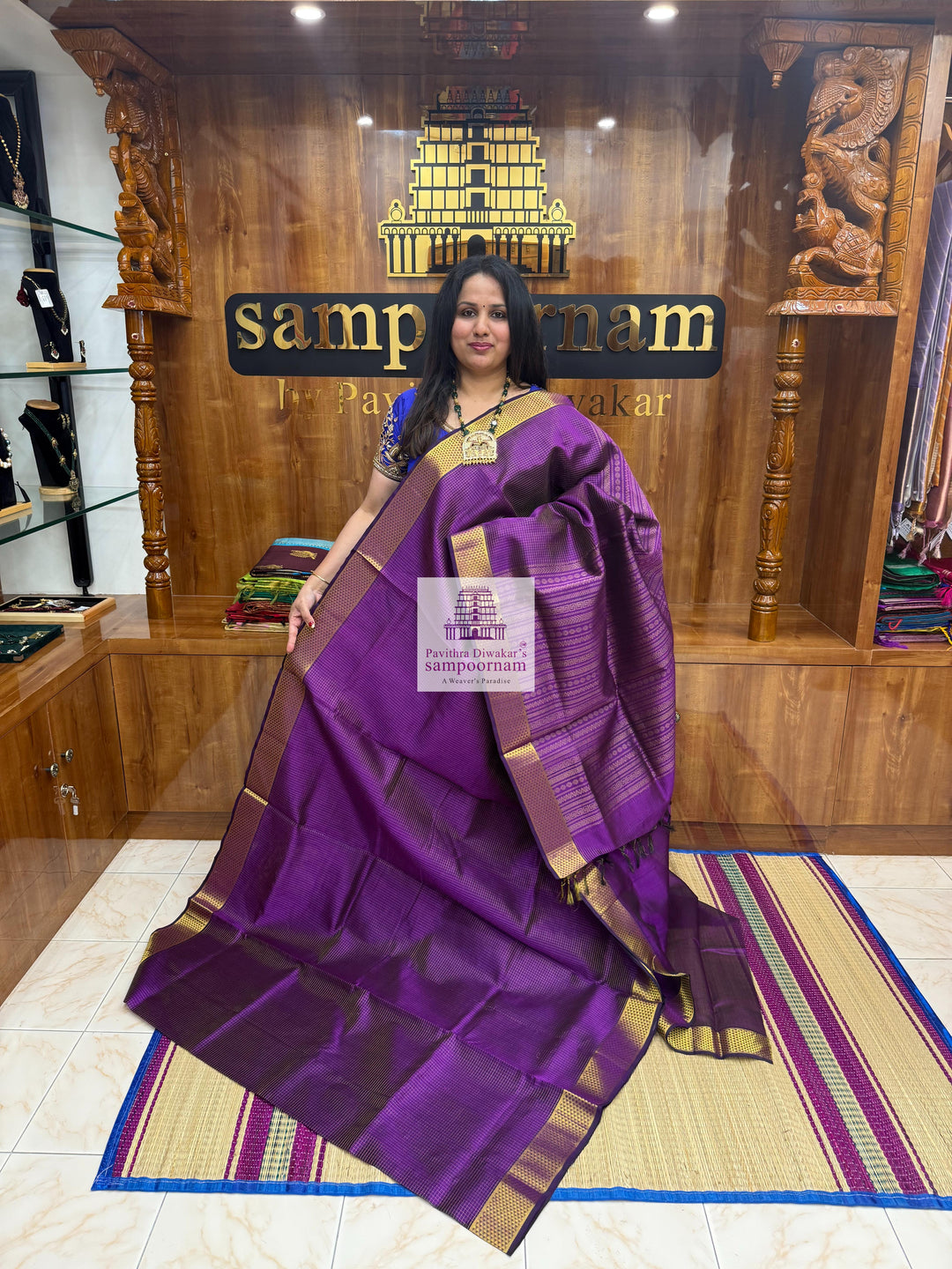 Dark Purple , Zari checks in the body , traditional border and rich Pallu Silk Cotton Saree