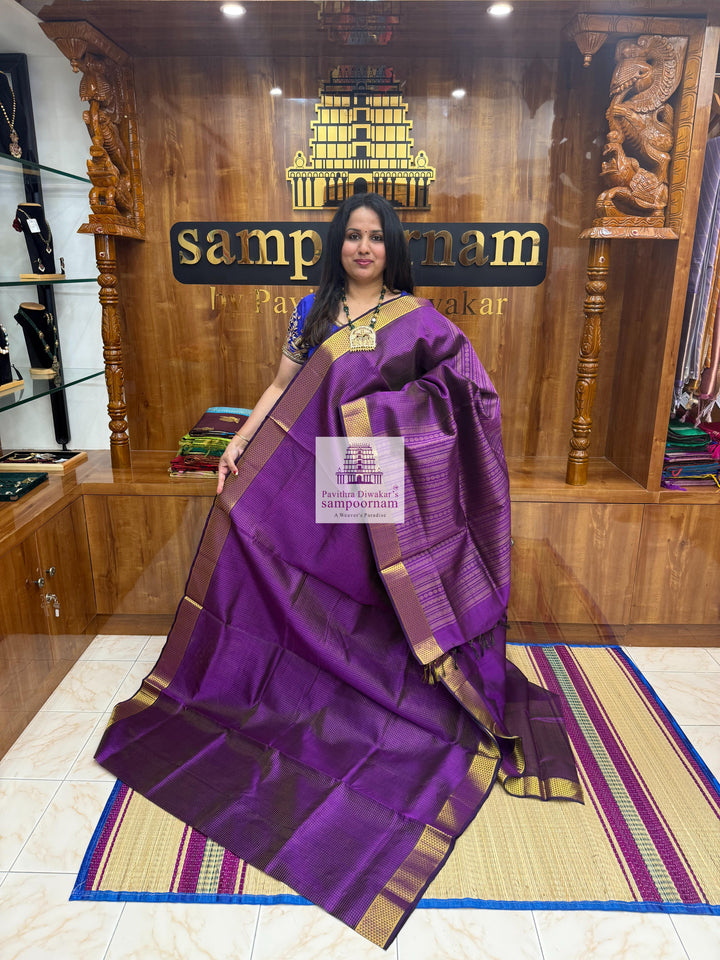 Dark Purple , Zari checks in the body , traditional border and rich Pallu Silk Cotton Saree