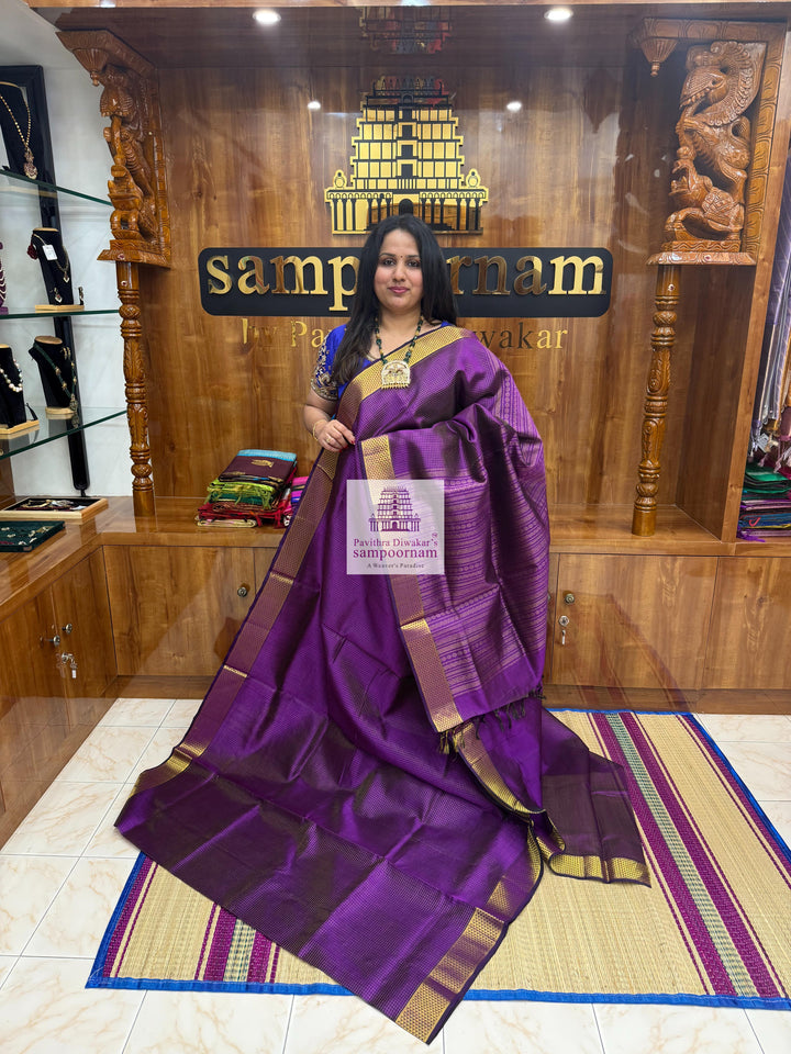 Dark Purple , Zari checks in the body , traditional border and rich Pallu Silk Cotton Saree