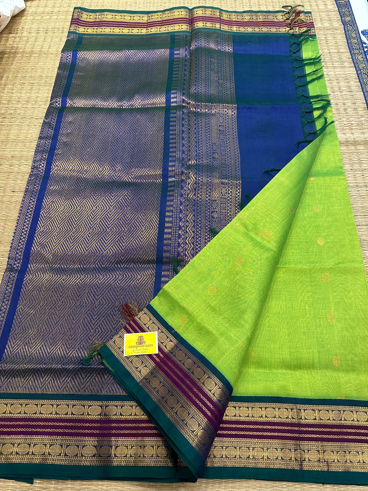 Green with Mayil Kazhuthu Blue, Rich Butta and Pallu Korvai Silk Cotton Saree